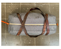 DEIA DUFFLE Bespoke, One-Of-A-Kind, Charcoal Cashmere Tweed  Lined With Blue & Burnt Orange Herringbone Weave