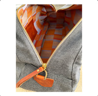 DEIA DUFFLE Bespoke, One-Of-A-Kind, Charcoal Cashmere Tweed  Lined With Blue & Burnt Orange Herringbone Weave