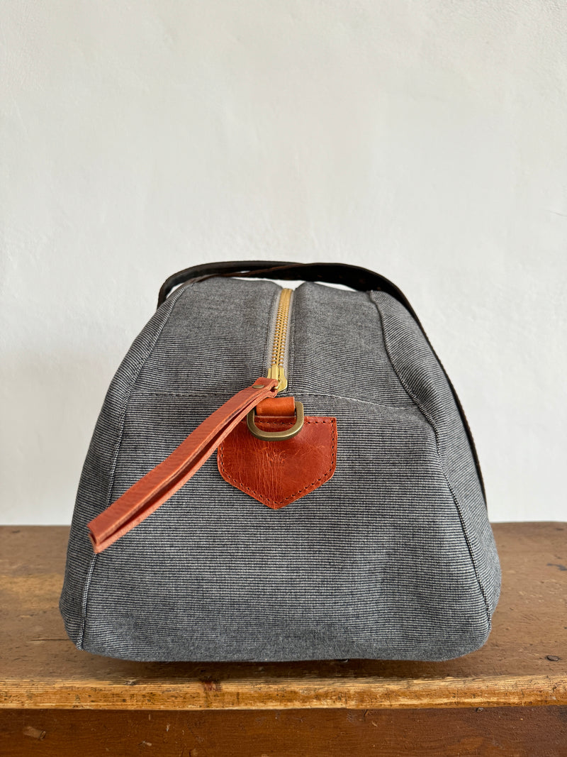 DEIA DUFFLE Bespoke, One-Of-A-Kind, Charcoal Cashmere Tweed  Lined With Blue & Burnt Orange Herringbone Weave