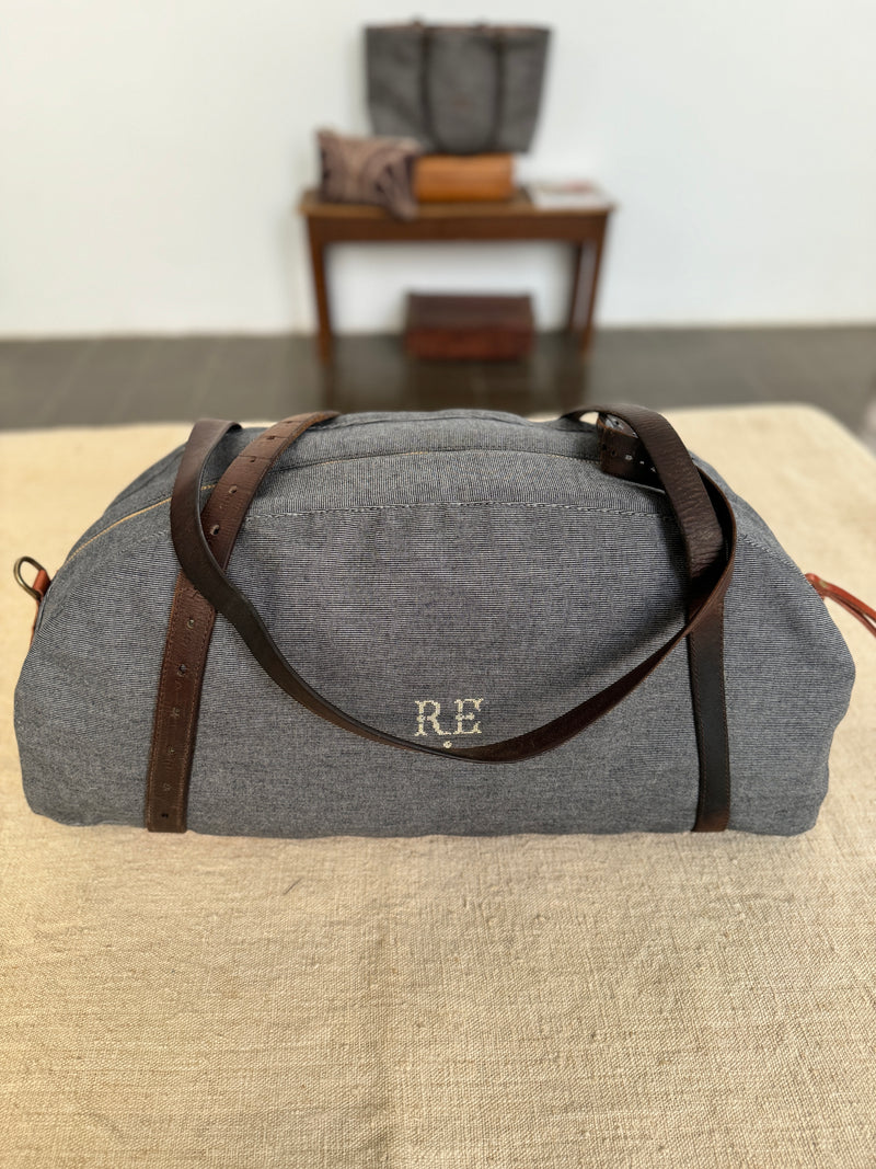 DEIA DUFFLE Bespoke, One-Of-A-Kind, Charcoal Cashmere Tweed  Lined With Blue & Burnt Orange Herringbone Weave